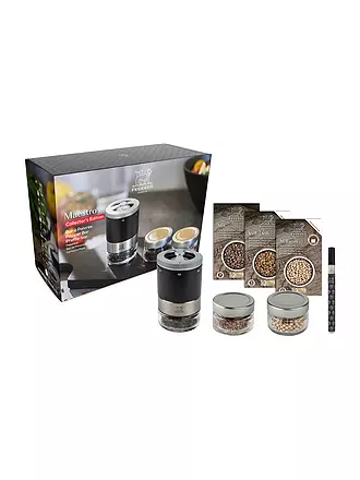 PEUGEOT | Pfeffermühle U'Select, Pfefferbar, inkl. 3 Premium-Pfeffern im Vorratsglas, Rezeptbuch & Stift zur Beschriftung Schwarz Ma | 